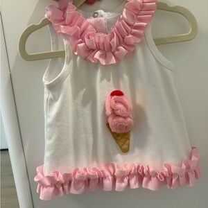 Mud Pie White Tank with Pink Ruffle Trim & Ice Cream Appliqué